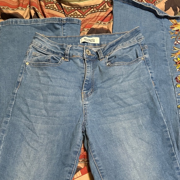 105.  Floral Embroidered Denim Flare Jeans - Picture 5 of 12